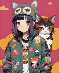 Cute brunette anime teen school girl with cat on pink background, giapponese modern fantasy character, generative ai
