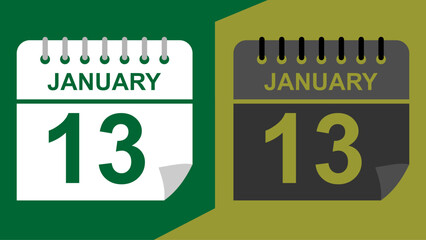 January 13 calendar date on green background or isolated icons with hollow background.