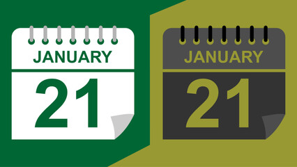 January 21 calendar date on green background or isolated icons with hollow background.