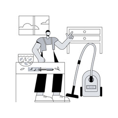 Dads and housework abstract concept vector illustration. Dad doing housework, chores at home, father son daughter folding clothes, fun cooking, cleaning together, wash dishes abstract metaphor.