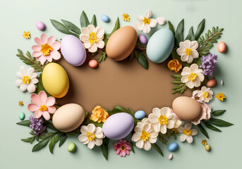Fototapeta na wymiar Digital Easter illustration with colorful eggs and spring flowers. Easter background with copy space. Flat lay.