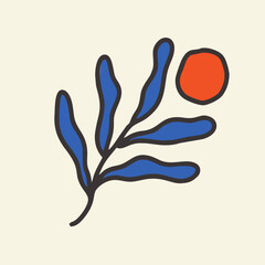 Blue plant and red circle on a white background. Abstract image. Interior poster, postcard, cover. Flat design, cartoon hand drawn, vector illustration.