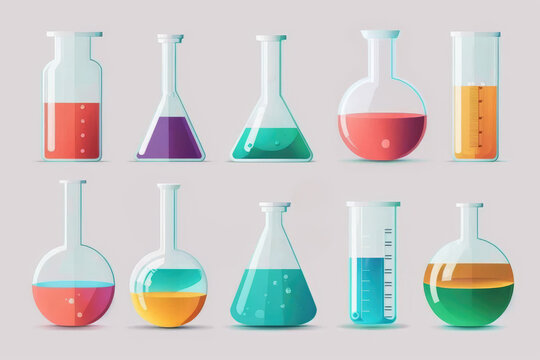 Set of laboratory glassware, chemistry lab equipment glass, chemical laboratory, science, illustration isolated on white background, Generative AI