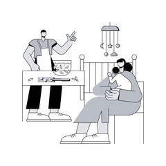 Father supports mother abstract concept vector illustration. Dad helping with housework, maternal support, breastfeeding, holding hands, fathers day, tired mom, parents hug abstract metaphor.