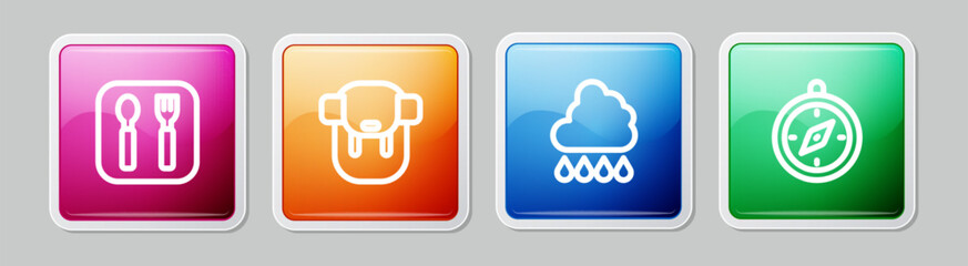Set line Fork and spoon, Hiking backpack, Cloud with rain and Compass. Colorful square button. Vector