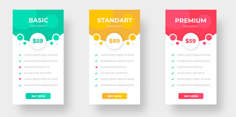 pricing table and pricing chart Price list vector template for web or app. Ui UX design tables with tariffs, subscription and business plans. Comparison business web plans, 3 column grid design.