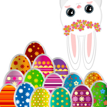 Spring greeting background with Easter eggs and a cute little white bunny. Festive paper images of decorated eggs and rabbit on a green background. Vector greetings card with the Happy Easter!