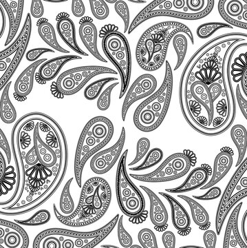 Paisley black and withe vector background,  floral abstract design pattern, indian art ornament.
