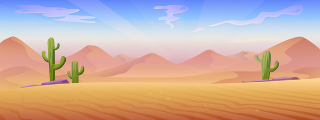 Fototapeta na wymiar Vector cartoon style illustration. Desert landscape with sand dunes and stones with cactuses.