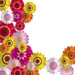 Spring congratulatory floral background. Festive paper flowers on a square light frame. Trendy green and orange background. Vector greeting card with a holiday on March 8, Mother's Day, birthday.