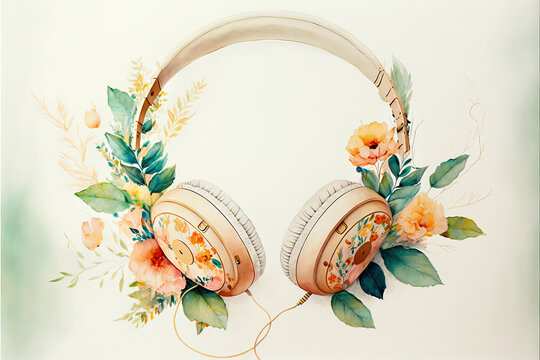 Concept watercolor illustration headphones with flowers and plants. Generative Ai