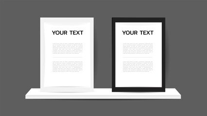 White and black picture frames are placed on a white wall shelf on gray  background ,  Flat Modern design , Illustration Vector  EPS 10