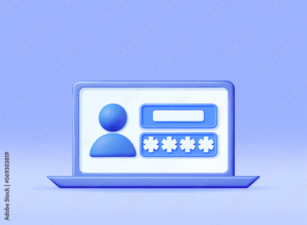 Poster 3d user login form page in laptop. render password hidden stars in sign in account. computer data pr