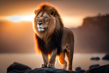 Lion, powerful, muscular, golden brown fur, sharp claws, fierce eyes, majestic mane, standing on a rock, watching the sunrise, orange and yellow hues in the sky. AI - obrazy, fototapety, plakaty