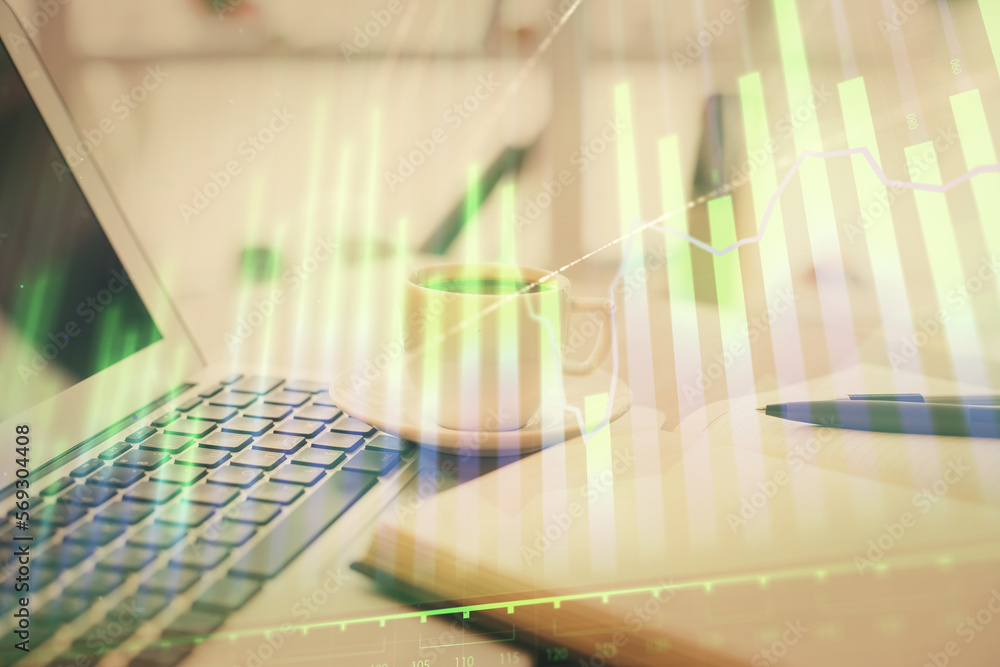 Aufkleber double exposure of financial chart drawing and desktop with coffee and items on table background. co
