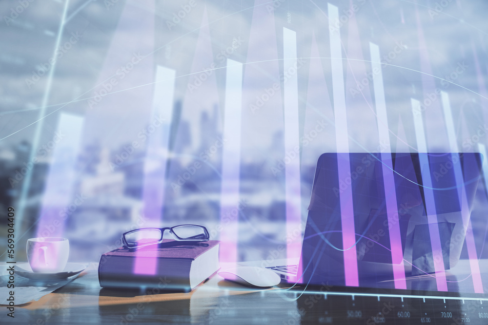 Poster double exposure of financial chart drawings and desk with open notebook background. concept of forex