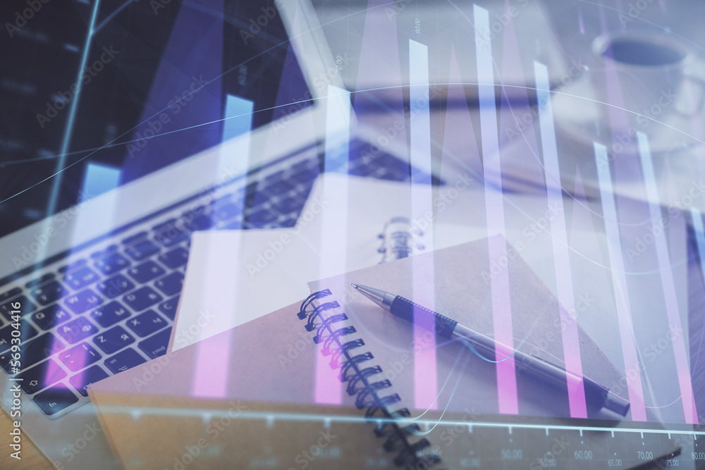 Poster double exposure of financial chart drawing and desktop with coffee and items on table background. co