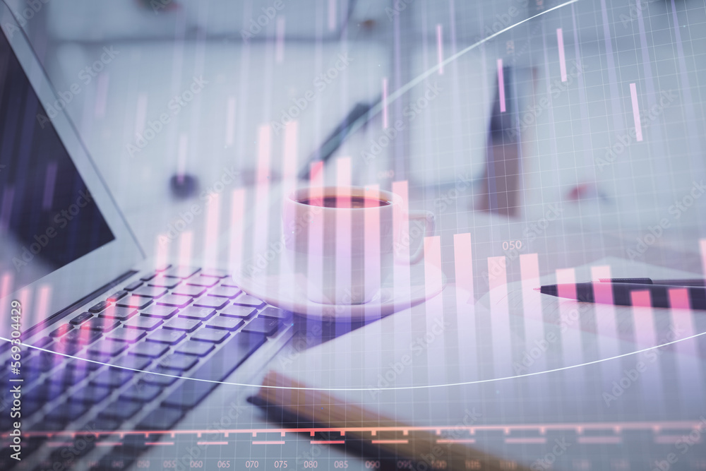 Poster double exposure of financial chart drawing and desktop with coffee and items on table background. co