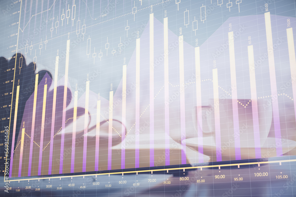 Aufkleber double exposure of financial chart drawing and desktop with coffee and items on table background. co