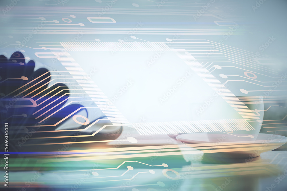 Poster Double exposure of technology theme drawing and desktop with coffee and items on table background. Concept of data research.