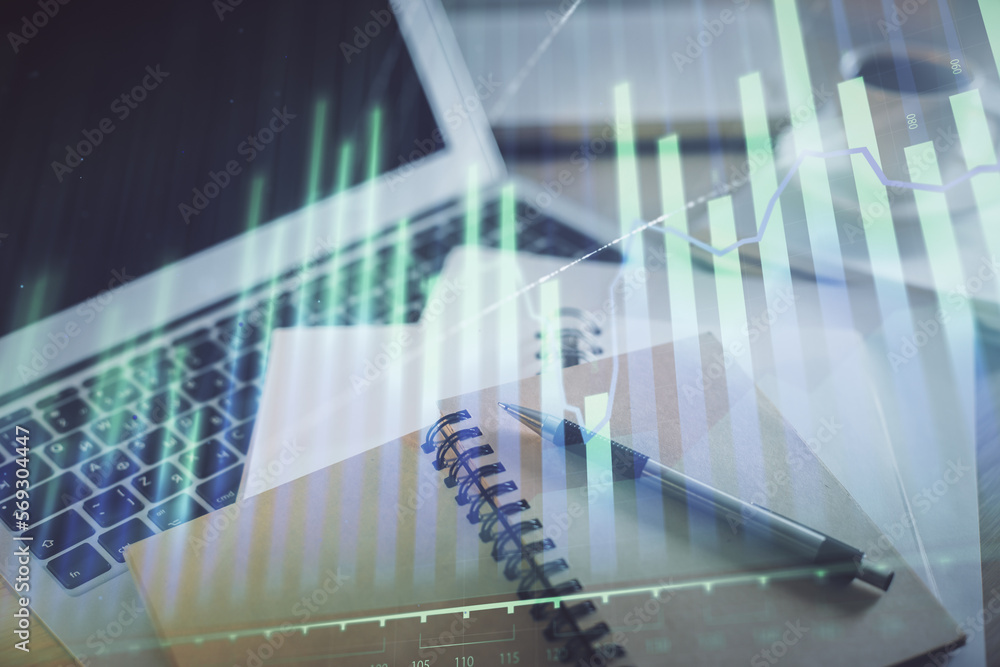 Poster double exposure of financial chart drawing and desktop with coffee and items on table background. co