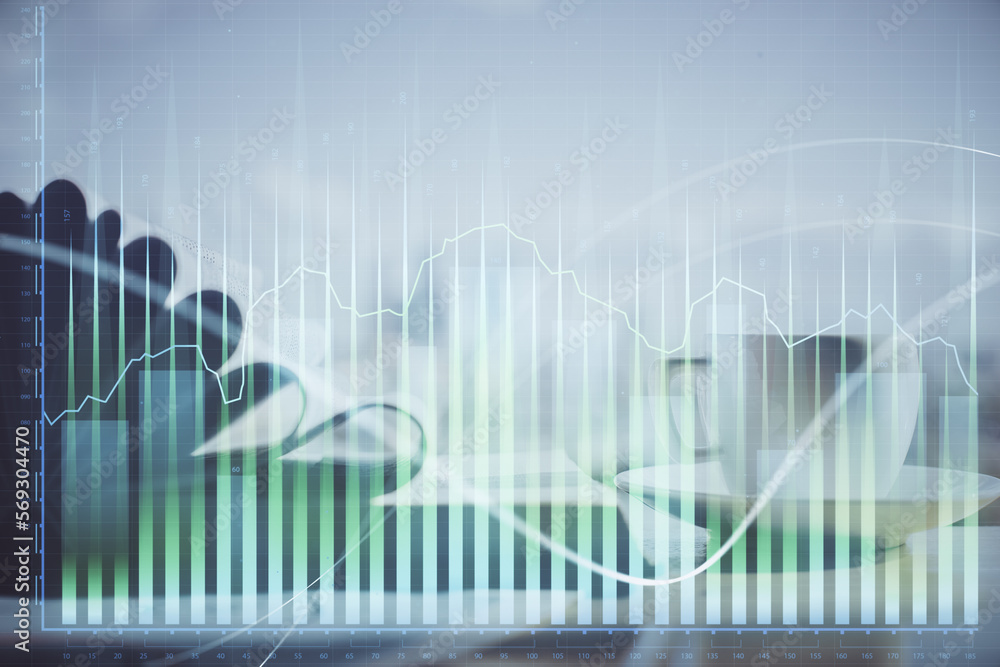 Poster double exposure of financial chart drawing and desktop with coffee and items on table background. co