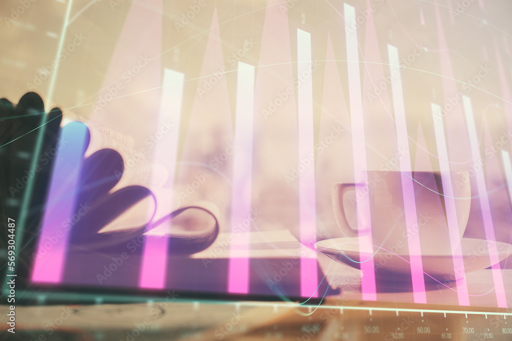 Poster double exposure of financial chart drawing and desktop with coffee and items on table background. co