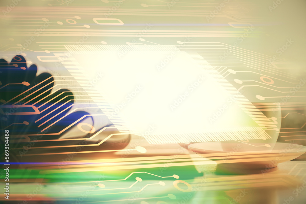 Poster Double exposure of technology theme drawing and desktop with coffee and items on table background. Concept of data research.