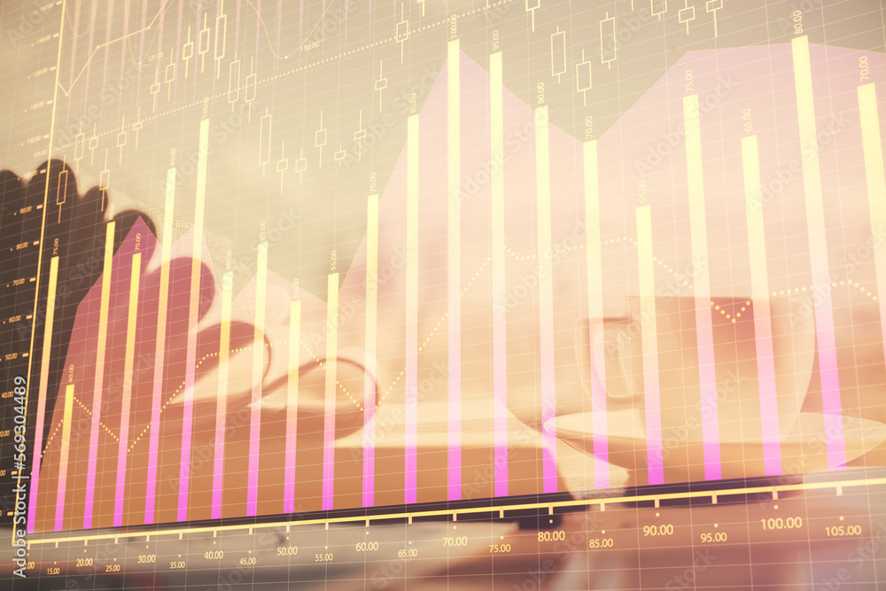 Poster double exposure of financial chart drawing and desktop with coffee and items on table background. co