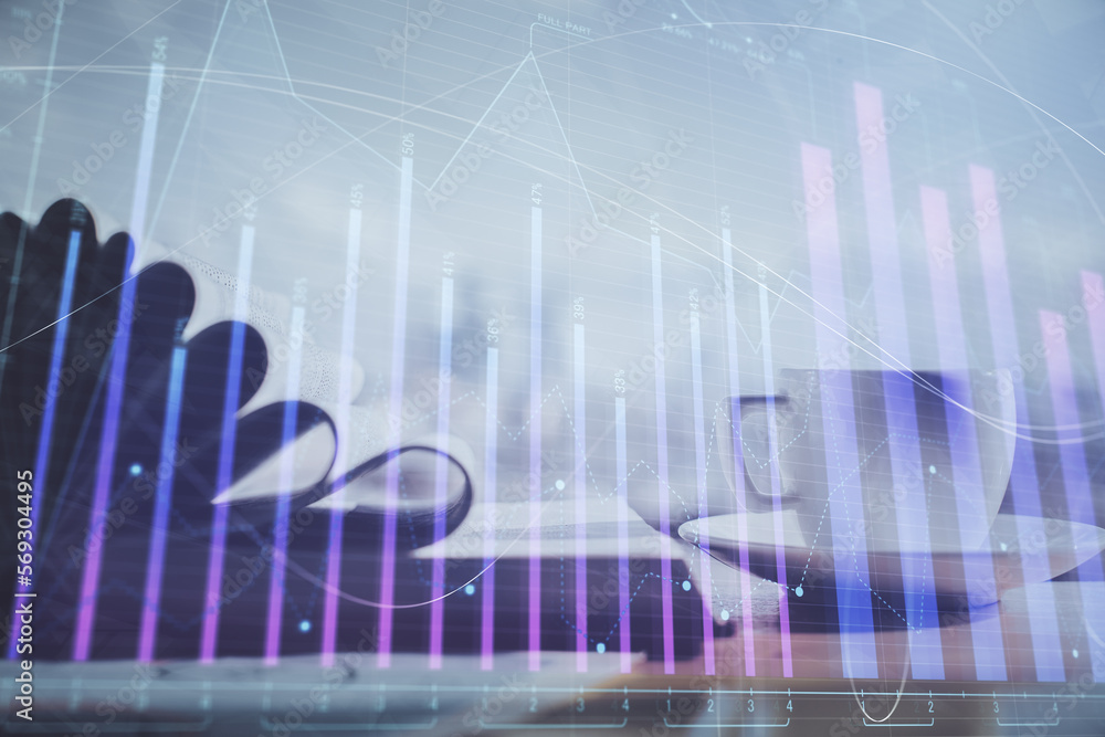 Aufkleber double exposure of financial chart drawing and desktop with coffee and items on table background. co