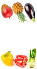 vegetables and fruits isolated on white background. Collage. Free space for text. Vertical photo.
