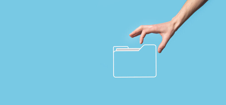 Hand hold folder icon.Document Management System or DMS setup by IT consultant with modern computer are searching managing information and corporate files.Business processing