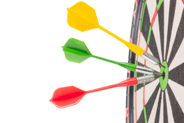 Three multi-colored darts hit the center of the target.
