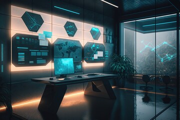 Interior of a modern futuristic office, with floating screens and holograms. Generative AI