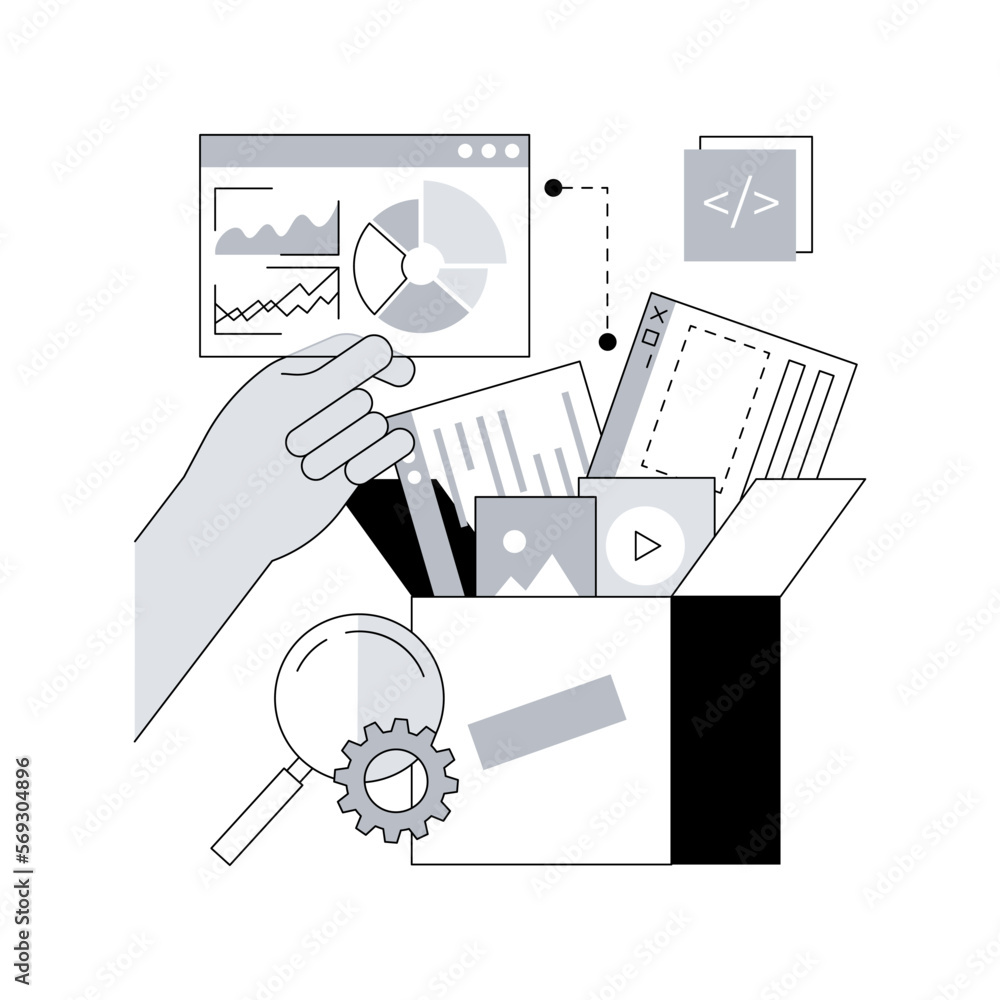 Poster packaged software abstract concept vector illustration. multiple applications, video and audio editi