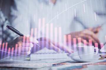 Double exposure of forex graph drawing over people taking notes background. Concept of financial analysis