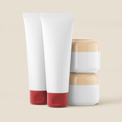 Cosmetic Bottle Set for liquid, cream, gel, lotion. Beauty product package, blank templates of white plastic containers: dispenser, cream jar, tube.