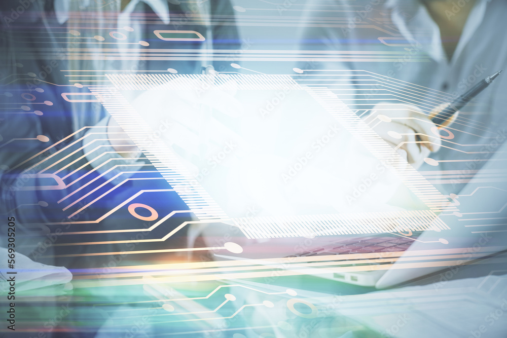 Poster double exposure of man and woman working together and technology theme drawing hologram. big data co