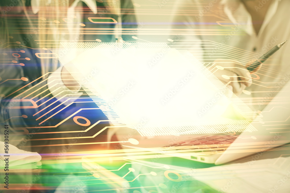 Poster double exposure of man and woman working together and technology theme drawing hologram. big data co