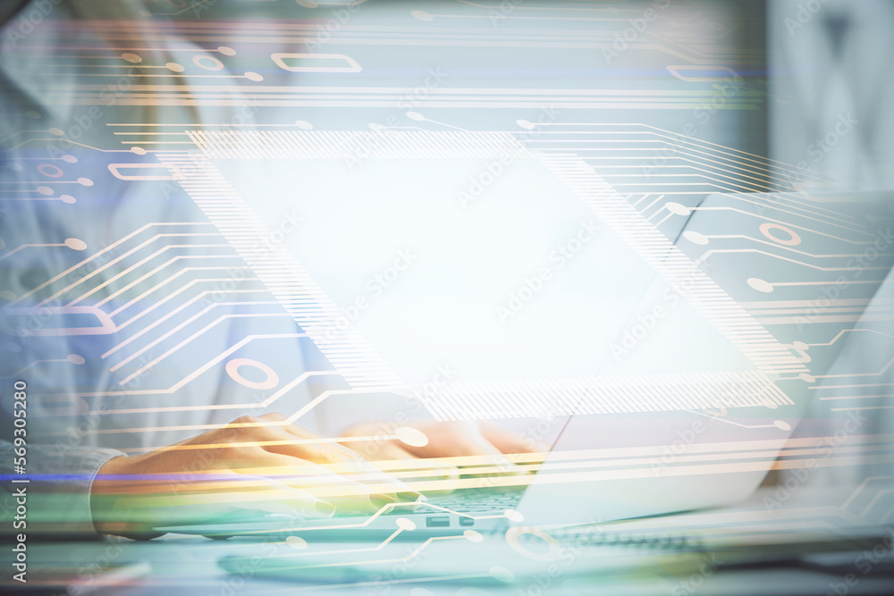 Poster multi exposure of woman hands working on computer and data theme hologram drawing. tech concept.