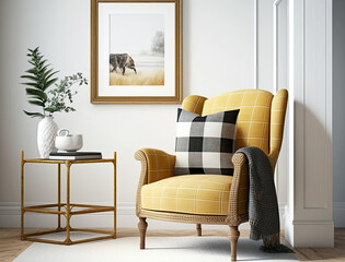 Interior design of living room with yellow armchair. Coffee table in room with white wall. Painting frame. Home interior