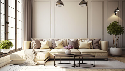 Modern interior design of apartment, living room with beige sofa over the light wall