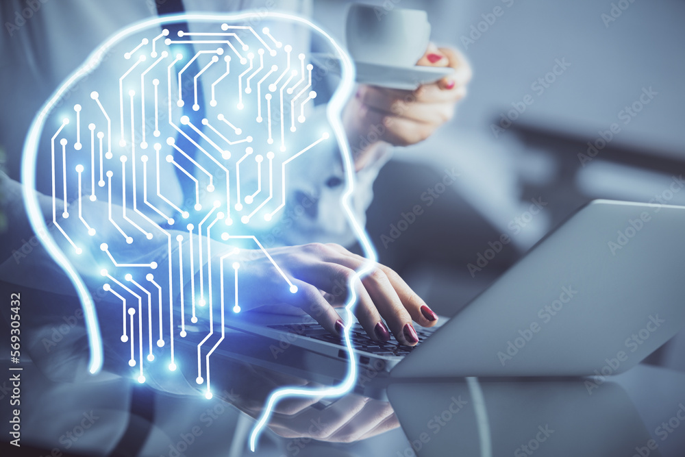 Poster multi exposure of woman hands working on computer and human brain hologram drawing. ai tech concept.