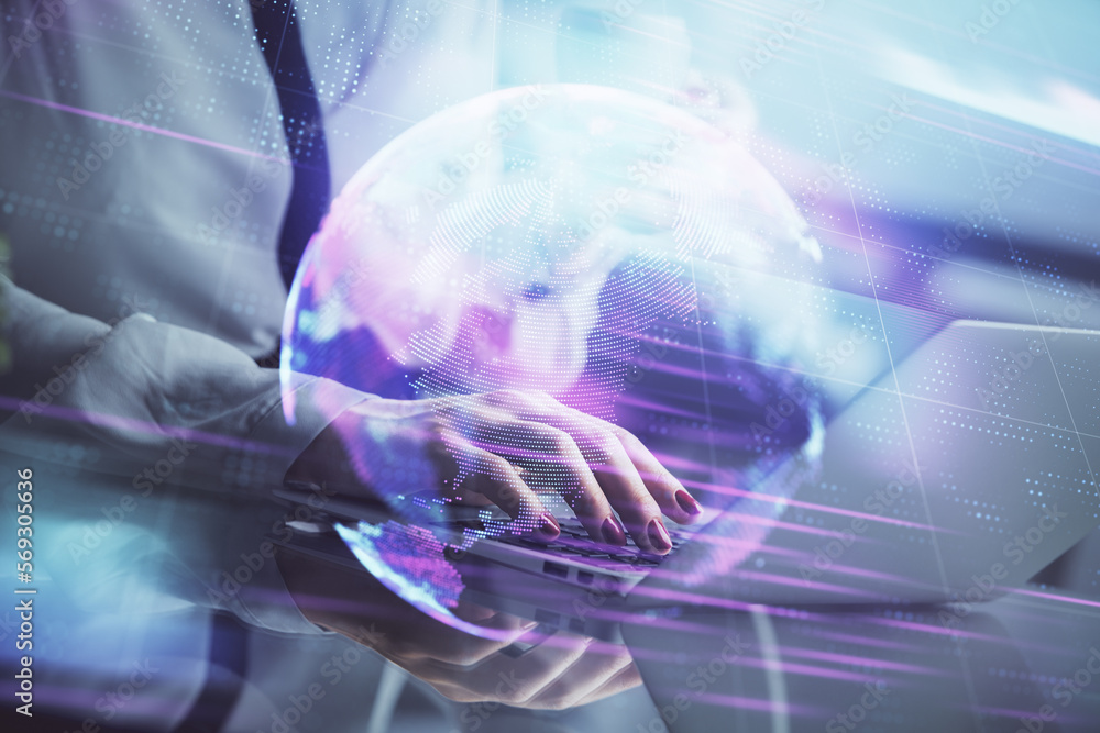 Poster double exposure of woman hands typing on computer and technology theme drawing. high tech concept.