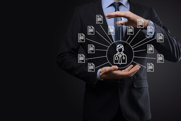 Document Management System DMS .Businessman hold doctor and document icon.Software for archiving,...