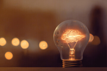 light bulb on dark background, with uniquely shaped warm glowing filament. Room for text