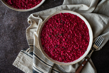 Homemade beetroot risotto with thyme 