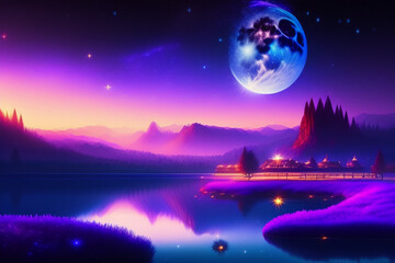 fantasy landscape with moon and stars