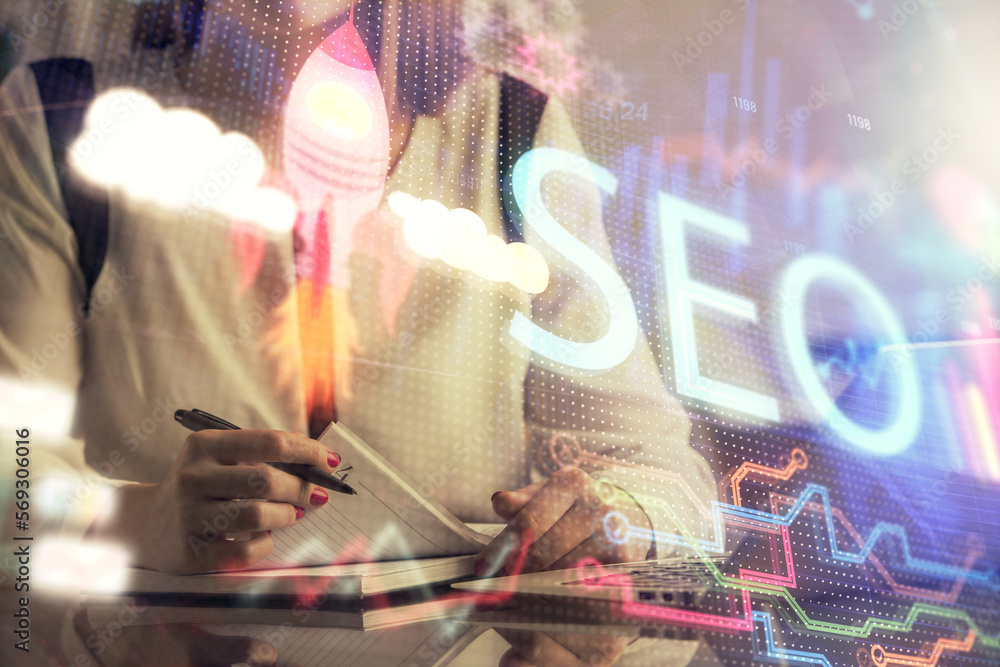 Poster double exposure of woman hands working on computer and seo hologram drawing. internet search concept