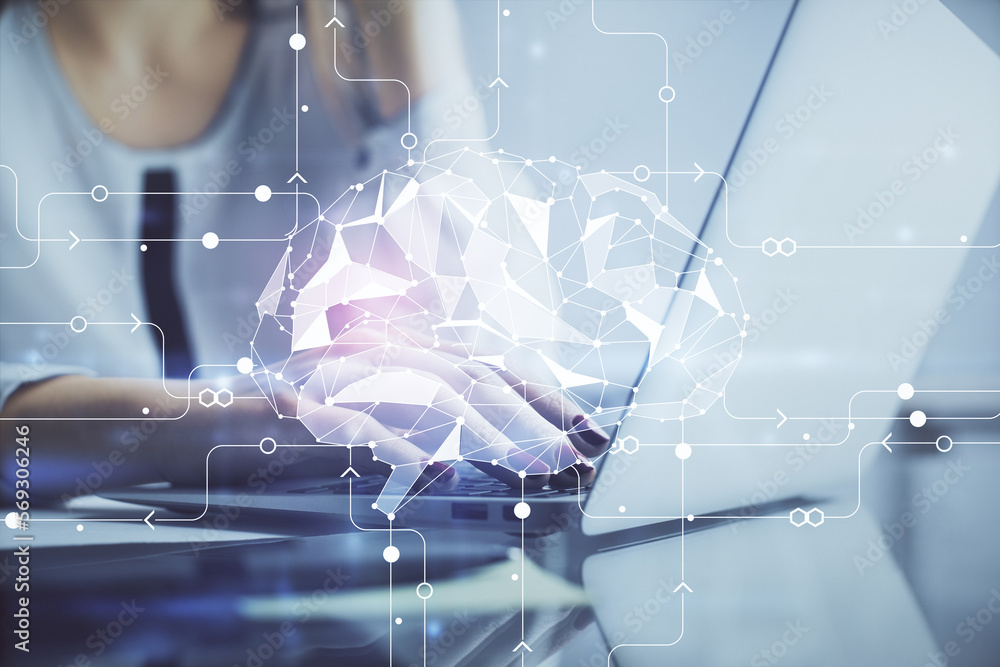Poster multi exposure of woman hands working on computer and human brain hologram drawing. ai tech concept.